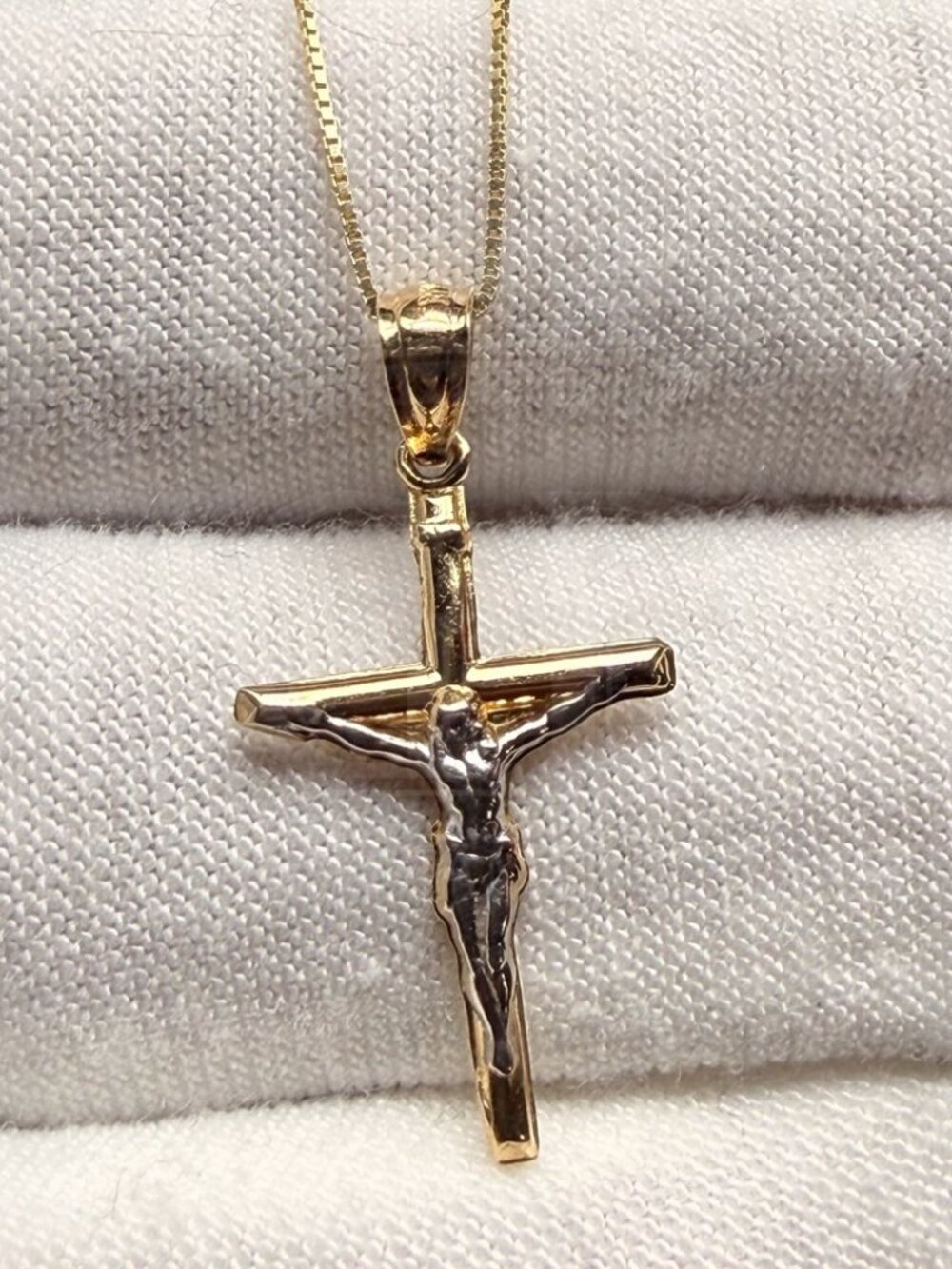 14K Two Tone Gold Crucufix Pendant With 0.8mm Box Chain - 20 inch